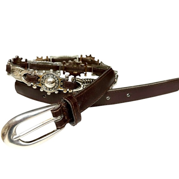 Vintage Brown Leather Silver Concho Chain Belt Western Boho Style 37” Length - Picture 1 of 11